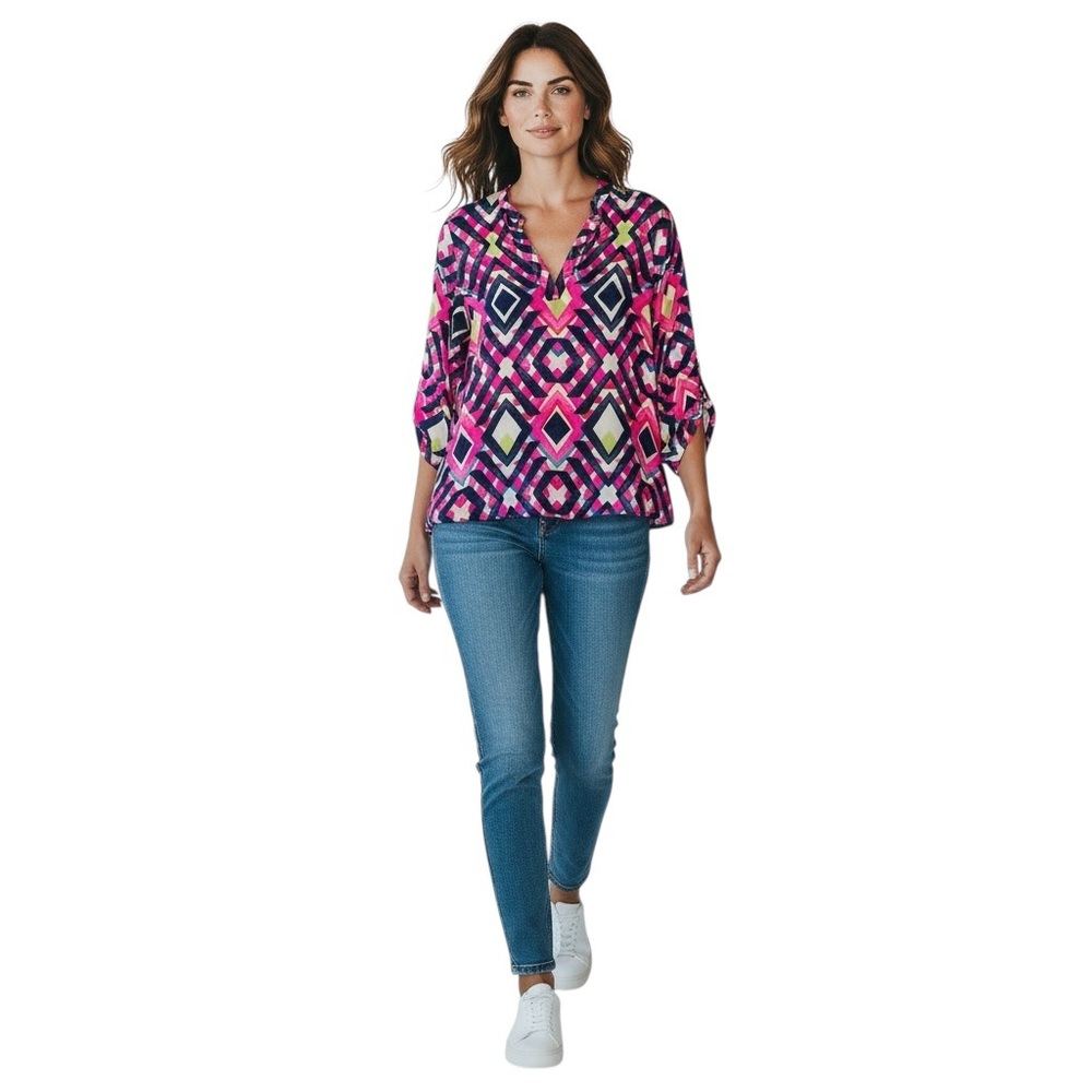ALICE & OLIVIA Silk Colorful Geometric Print Blouse in Size Small— GORGEOUS!!! - Picture 9 of 9